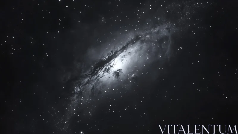 Monochrome spiral galaxy glows softly in a silent starfield