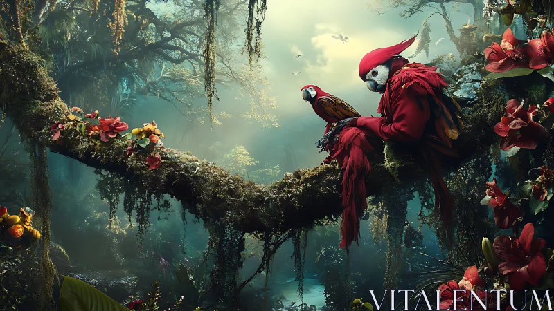 Scarlet parrots rest on mossy jungle branch at misty dawn