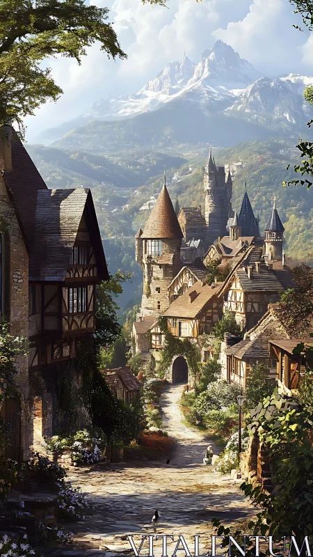 Sunlit medieval village street below soaring alpine peaks.