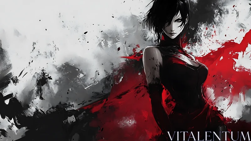 Dark haired anime woman stands amid red and gray splashes