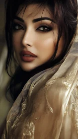 Close-up portrait of woman in embroidered sheer fabric.