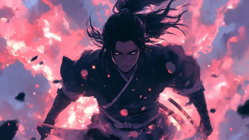 Samurai warrior advances through incandescent pink embers