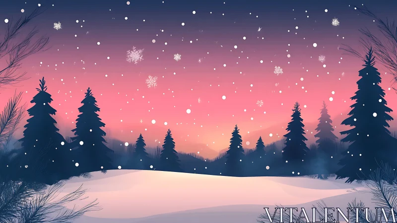 Snowfall over conifer forest under gradient winter sky.