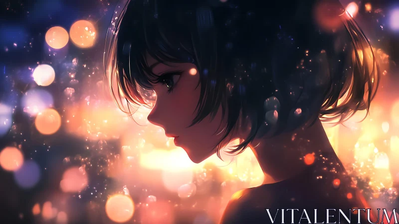 Moody anime girl profile in glowing city lights at night.