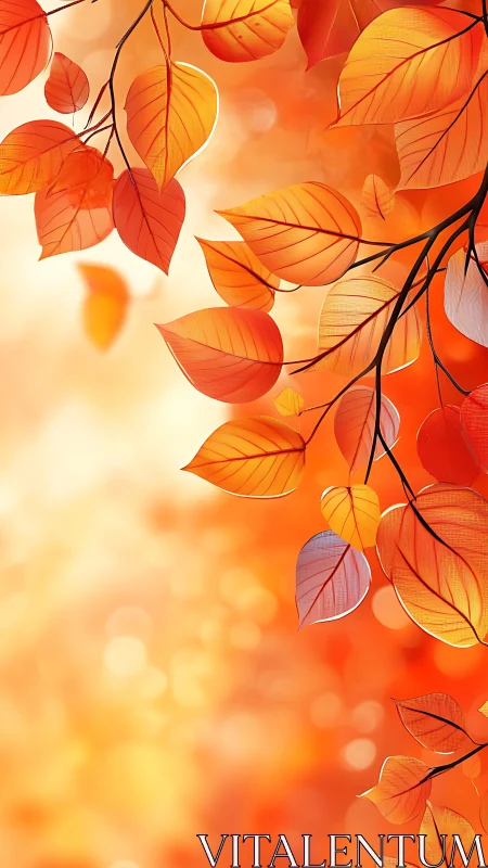 Glowing orange autumn leaves hang against blurred bokeh light