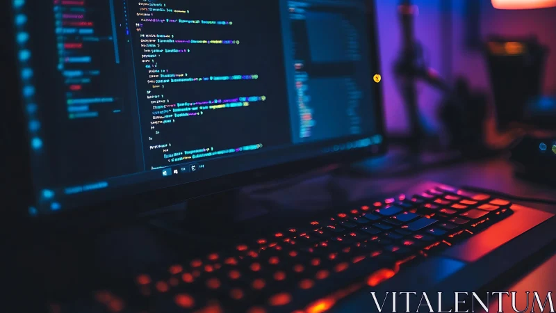 Developer workstation with RGB keyboard in neon code glow.