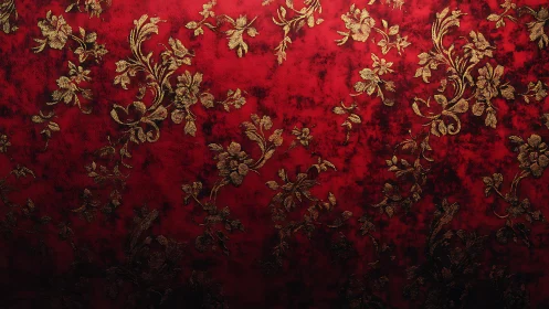 Red textile surface with dense gold floral damask pattern.