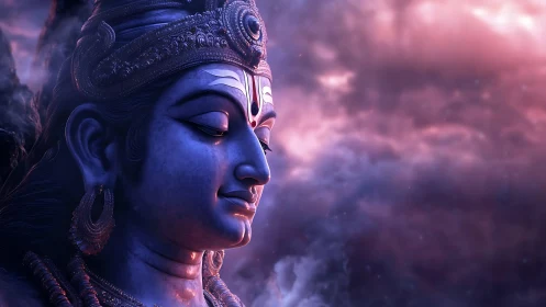 Serene blue deity face rests against glowing cosmic clouds