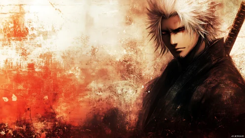 Brooding silver samurai in a storm of ash and ember.