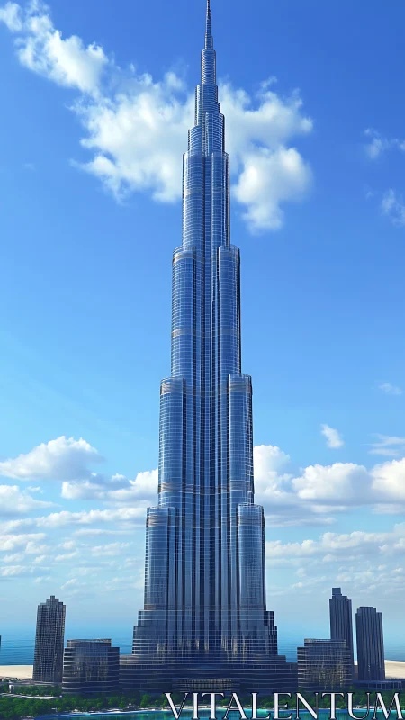 Glass-clad supertall skyscraper under clear blue sky.