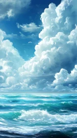 Expansive digital seascape under towering cumulus clouds.