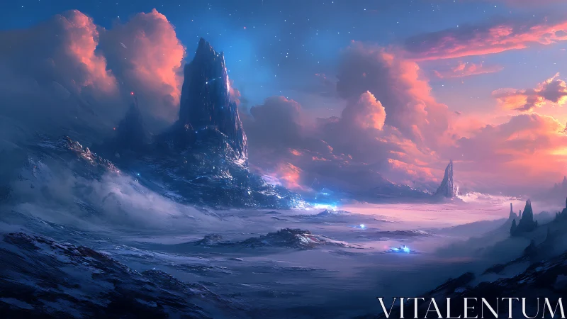 Frozen starlight drapes alien mountains in coral twilight hush