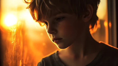 Pensive child gazes through a sunset-lit window in silence