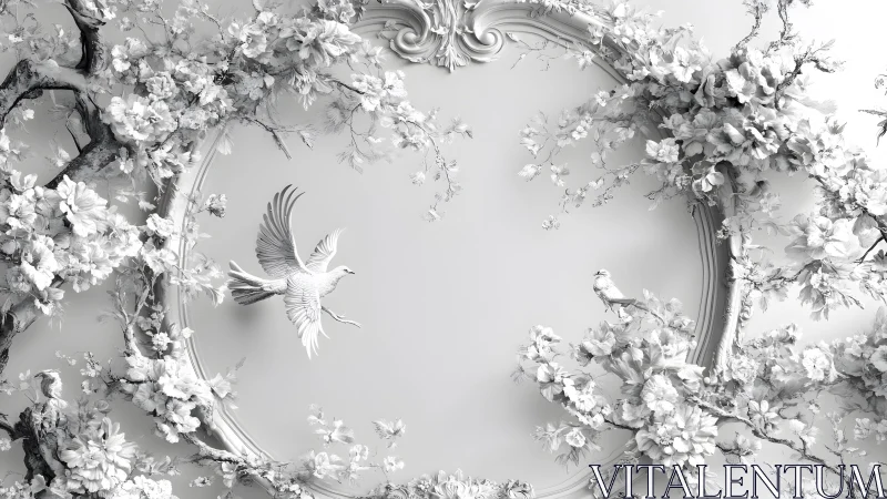 Elegant Baroque Floral Relief with Birds in Monochrome Style.
