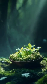 Whimsical green creature cradled in mossy forest bowl.
