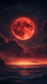 Digital painting of a crimson moonrise over glowing ocean horizon.