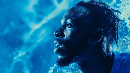 Close-up profile of male athlete against dynamic blue water.