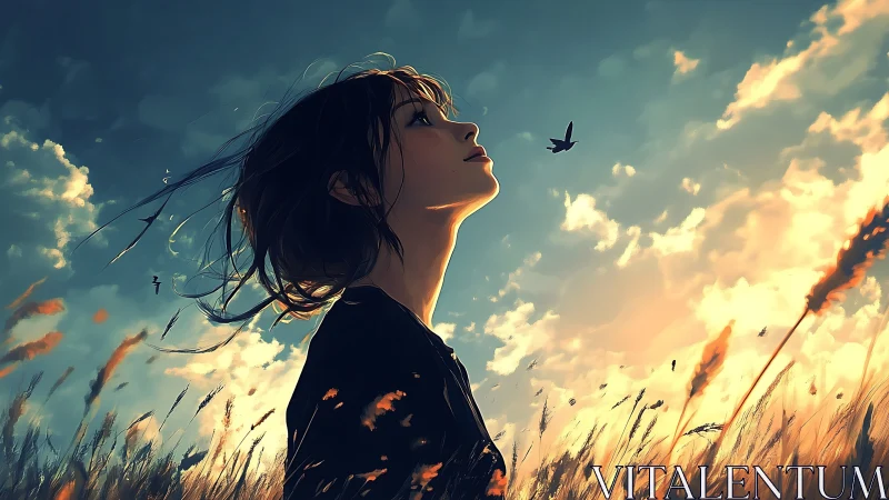 Side-lit anime portrait studies skyward gaze in sunset wheat field