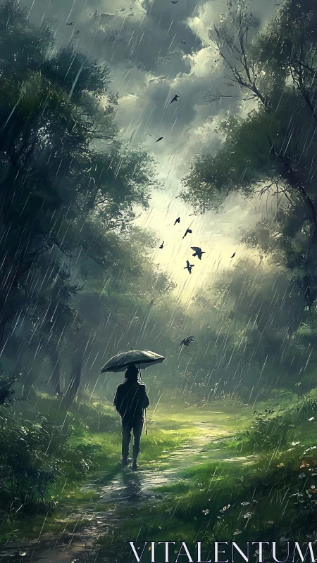 Solitary walker enjoying a quiet rainy forest path.