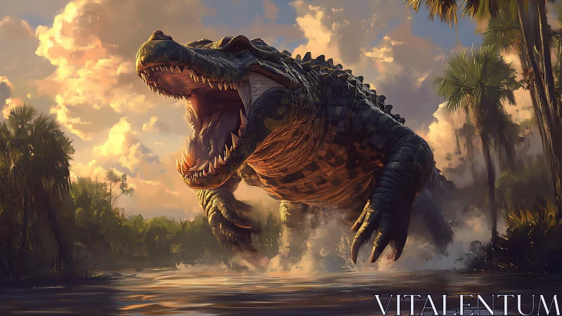 Colossal crocodile erupting from misty jungle river at dusk.