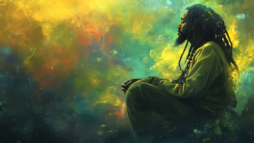 Quiet cosmic meditation in swirling golden light.