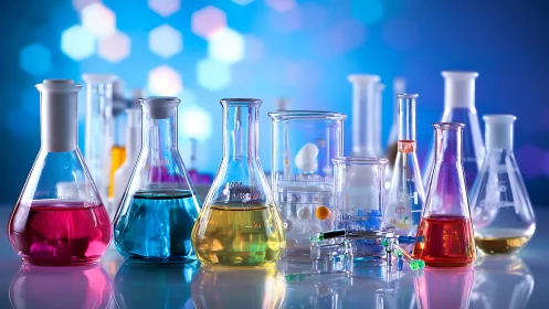 Colorful chemistry glassware glows under cool lab lighting