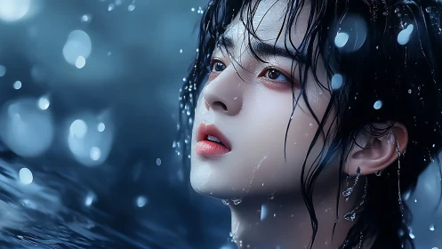 Wet-haired youth gazes upward through luminous blue rain