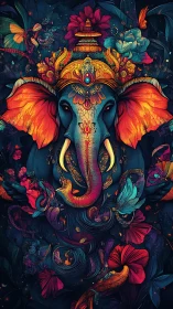 Ornate neon elephant deity rendered in dense floral vector layers