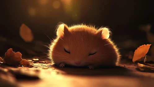 Sleepy golden hamster curled in soft autumn light.