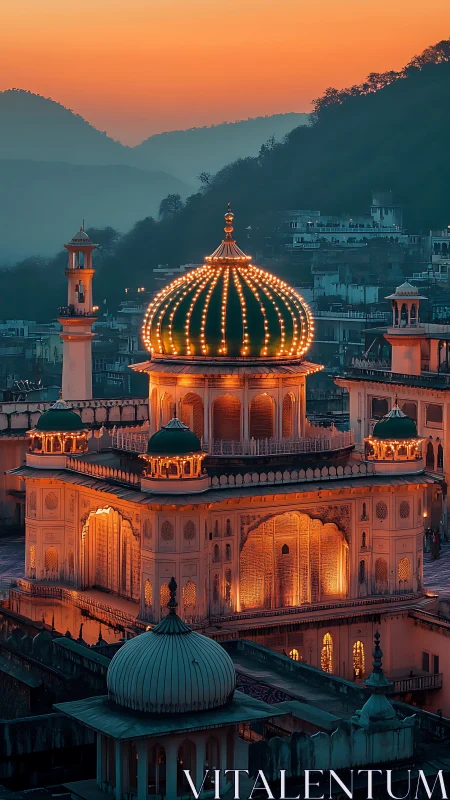 Illuminated domed shrine at dusk with layered hillside backdrop