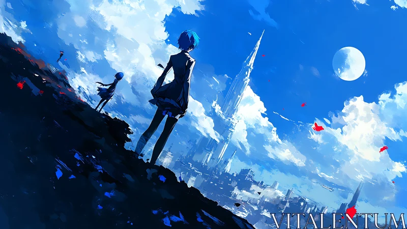 Wide-angle anime skyline with backlit figures and spired tower