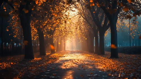 Tree lined park path with autumn leaves and backlighting.
