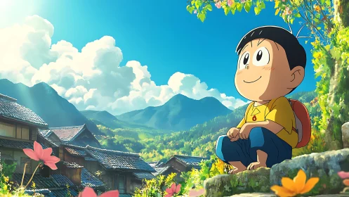 Anime boy observes sunlit mountain village in vivid detail