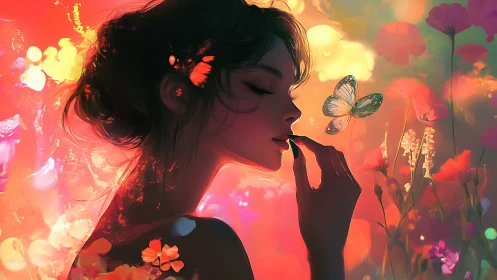 Dreaming woman in glowing floral field breathes in magic.