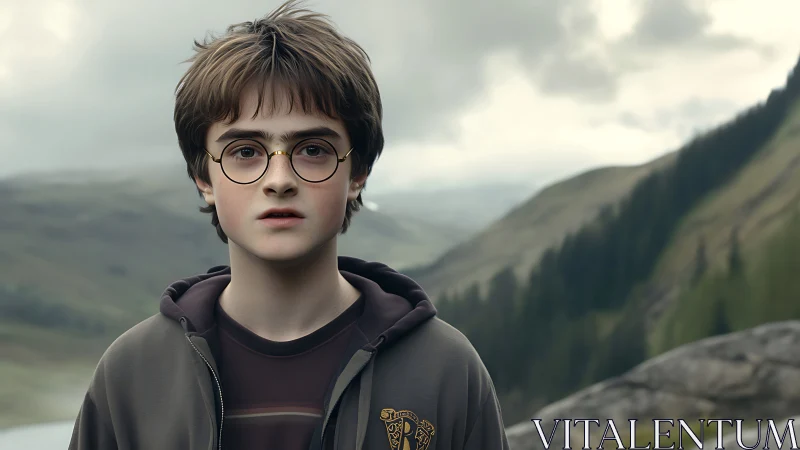 Young boy in round glasses amid misty mountain valley.