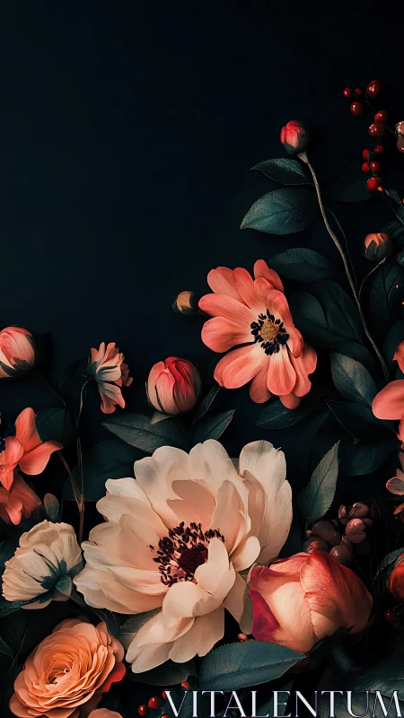 Nocturnal Bloom Symphony: Coral Petals Dance in Shadows.