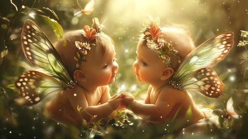 Twin fairy babies in glowing woodland meadow light.