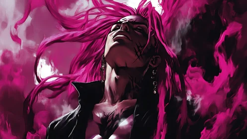 Pink haired warrior emerging in dramatic swirling energy.