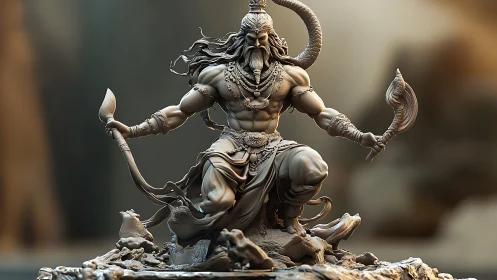 Mythic warrior deity rendered as dynamic 3D sculpture.