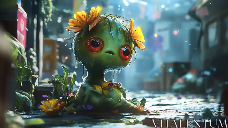 Melancholic plant creature waits alone in a rainy alleyway