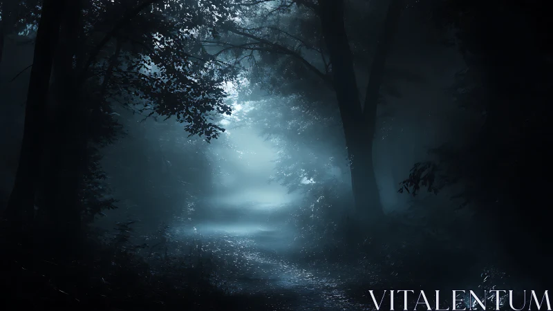 Moonlit forest path dissolves into a mysterious blue haze.