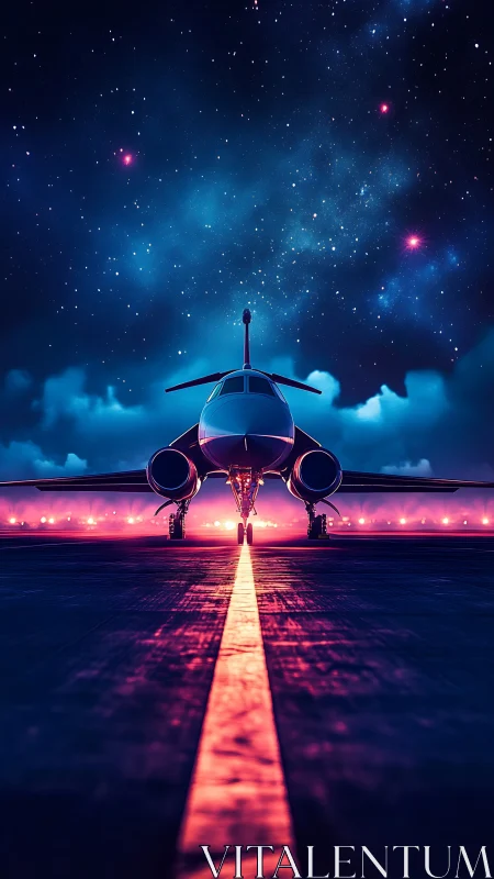 Jet fuselage aligned under neon runway and galactic sky.