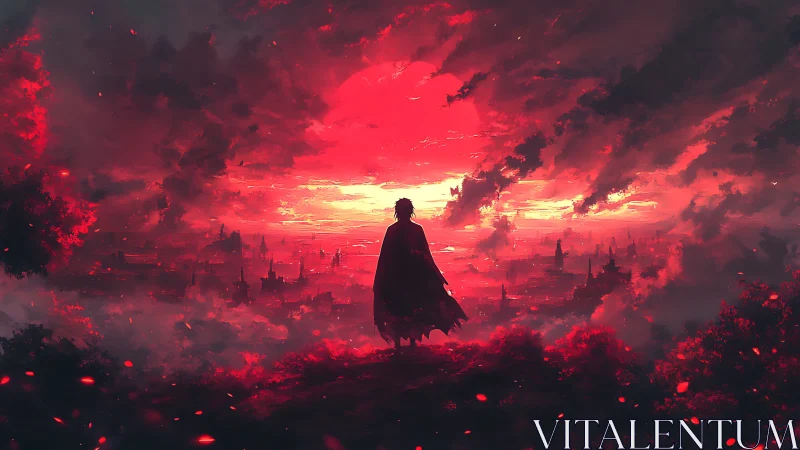 Solitary cloaked figure overlooking crimson apocalyptic cityscape