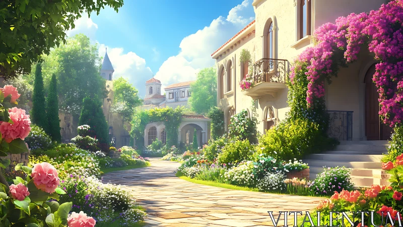 Mediterranean villa courtyard with dense flowering gardens.
