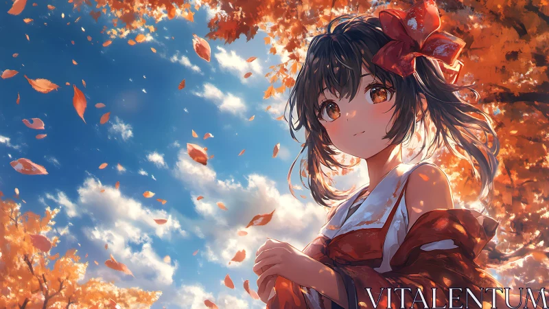 Gentle autumn breeze surrounds a warm eyed anime girl