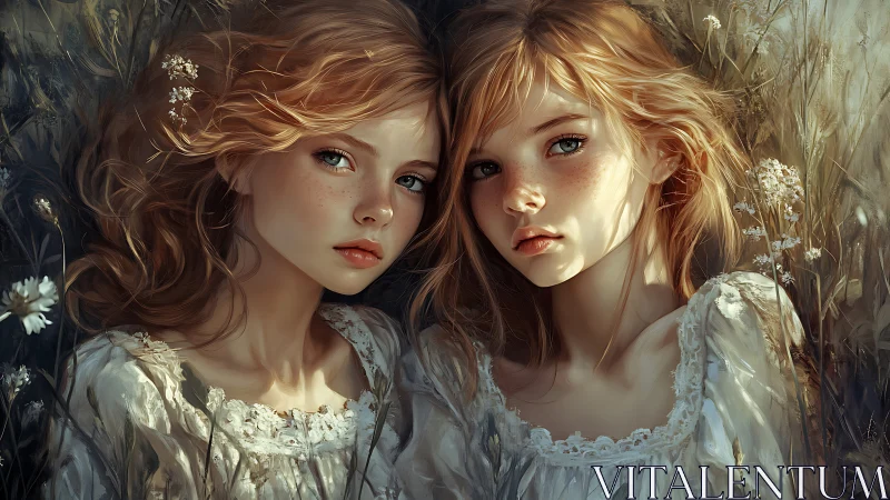 Freckled twin girls lying in wildflower meadow portrait.