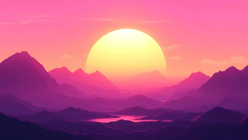 Dreamy neon sunset over peaceful pink mountainscape.
