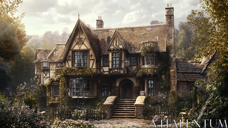 Stone and timber country house in dense garden setting.