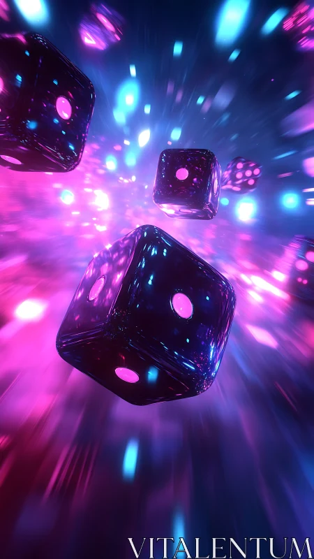 Neon glass dice in kinetic 3D perspective with light trails.