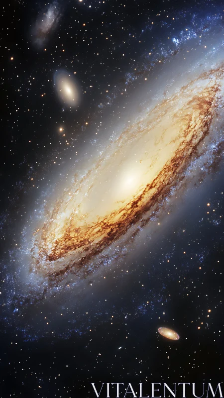 Spiral galaxy viewed edge-on with bright core and starfield